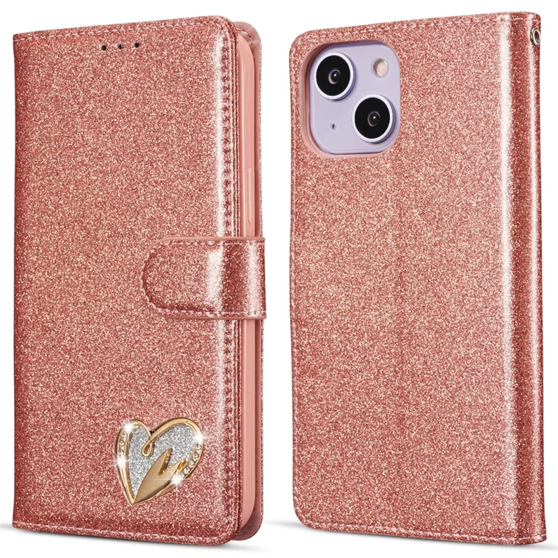For iPhone 14 Glitter Leather Case with Diamond Love Heart Wallet Stand Flip Cover - Rose Gold