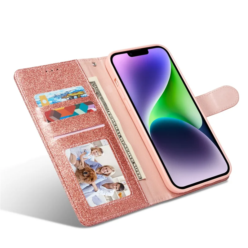 For iPhone 14 Glitter Leather Case with Diamond Love Heart Wallet Stand Flip Cover - Rose Gold