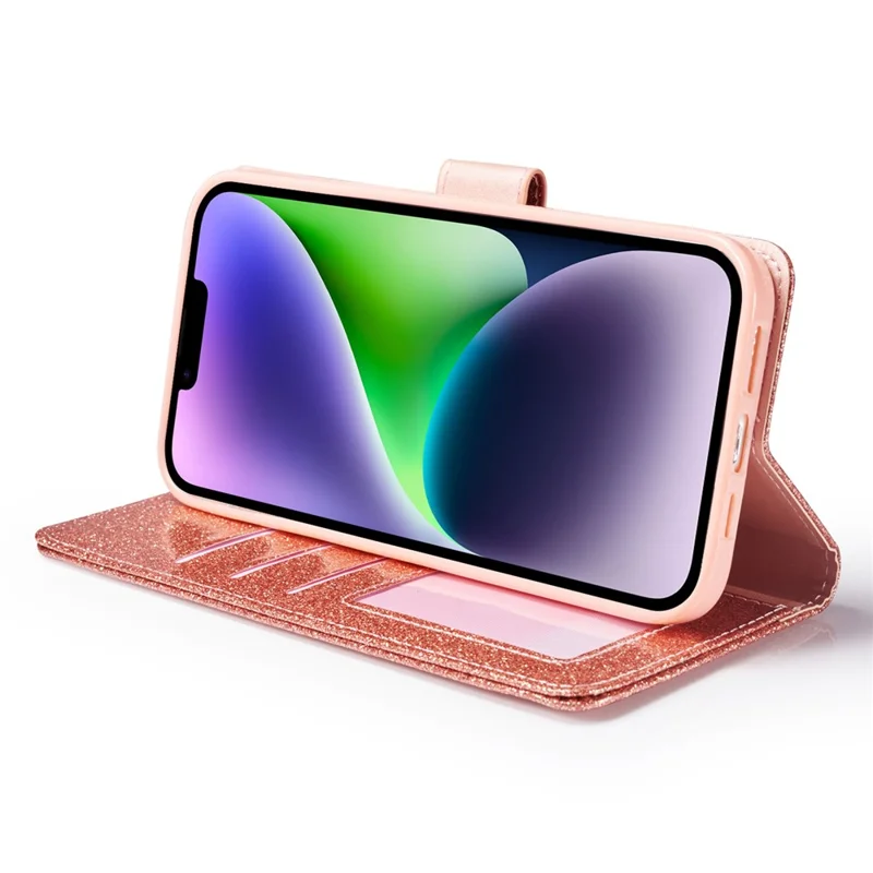 For iPhone 14 Glitter Leather Case with Diamond Love Heart Wallet Stand Flip Cover - Rose Gold