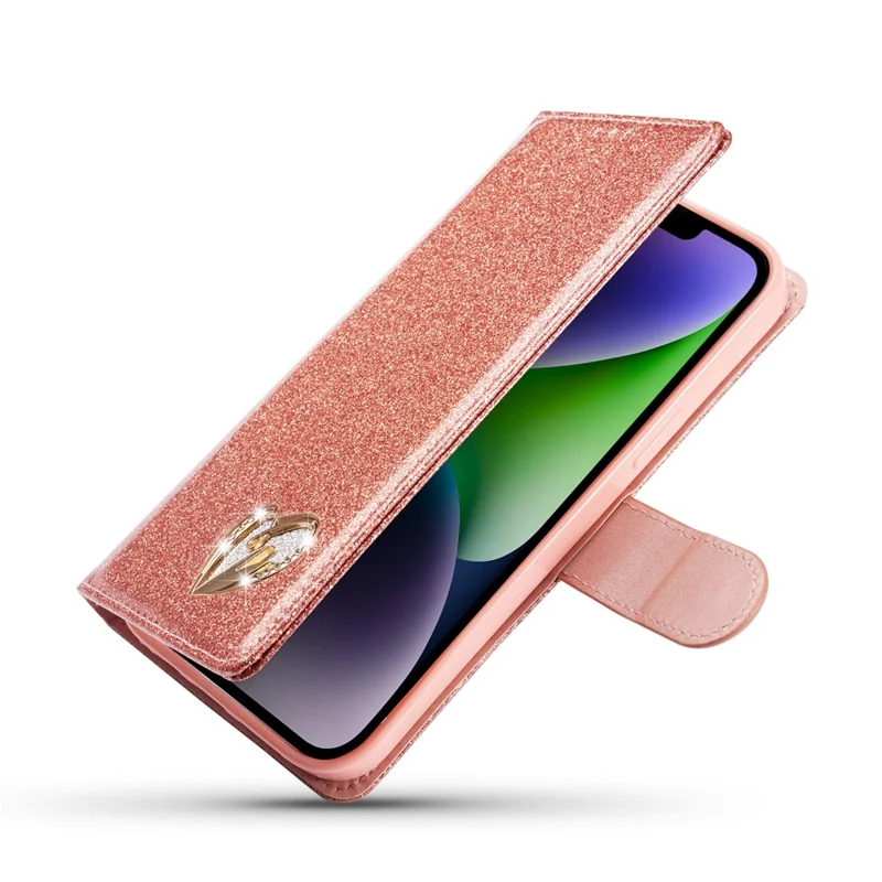 For iPhone 14 Glitter Leather Case with Diamond Love Heart Wallet Stand Flip Cover - Rose Gold