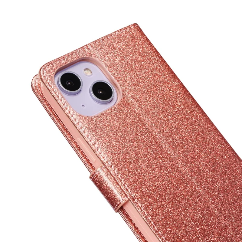 For iPhone 14 Glitter Leather Case with Diamond Love Heart Wallet Stand Flip Cover - Rose Gold