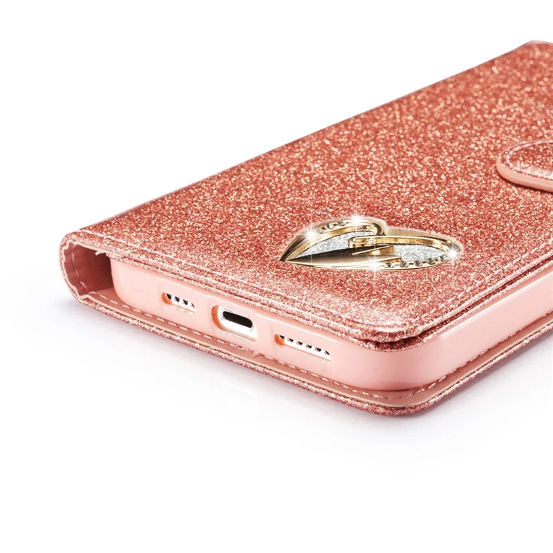 For iPhone 14 Glitter Leather Case with Diamond Love Heart Wallet Stand Flip Cover - Rose Gold