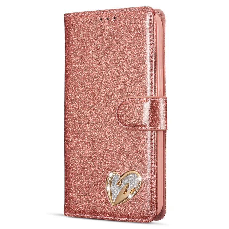 For iPhone 14 Glitter Leather Case with Diamond Love Heart Wallet Stand Flip Cover - Rose Gold