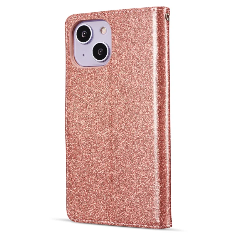 For iPhone 14 Glitter Leather Case with Diamond Love Heart Wallet Stand Flip Cover - Rose Gold