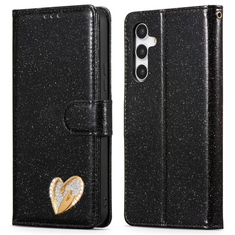 For Samsung Galaxy S23 FE Glitter Leather Case with Diamond Love Heart Wallet Stand Flip Cover - Black