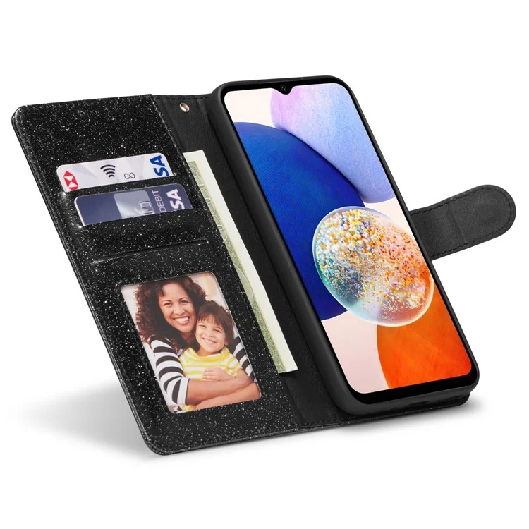For Samsung Galaxy S23 FE Glitter Leather Case with Diamond Love Heart Wallet Stand Flip Cover - Black