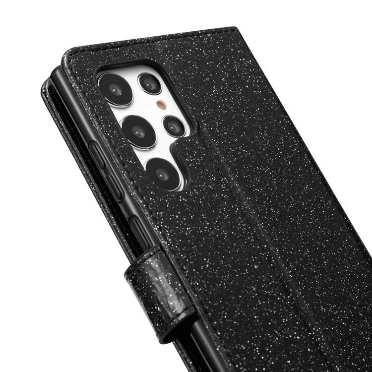For Samsung Galaxy S24 Ultra Glitter Leather Case with Diamond Love Heart Wallet Stand Flip Cover - Black