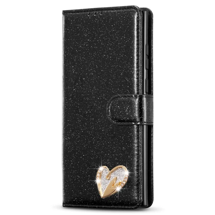 For Samsung Galaxy S24 Ultra Glitter Leather Case with Diamond Love Heart Wallet Stand Flip Cover - Black