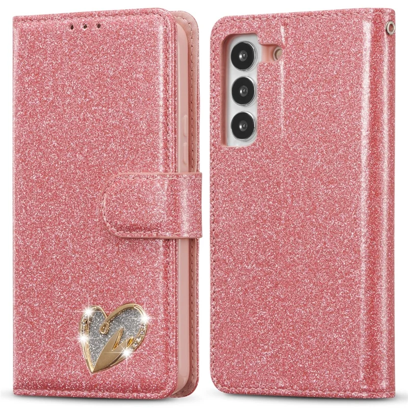 For Samsung Galaxy S23 Glitter Leather Case with Diamond Love Heart Wallet Stand Flip Cover - Pink