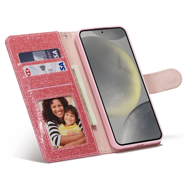 For Samsung Galaxy S23 Glitter Leather Case with Diamond Love Heart Wallet Stand Flip Cover - Pink