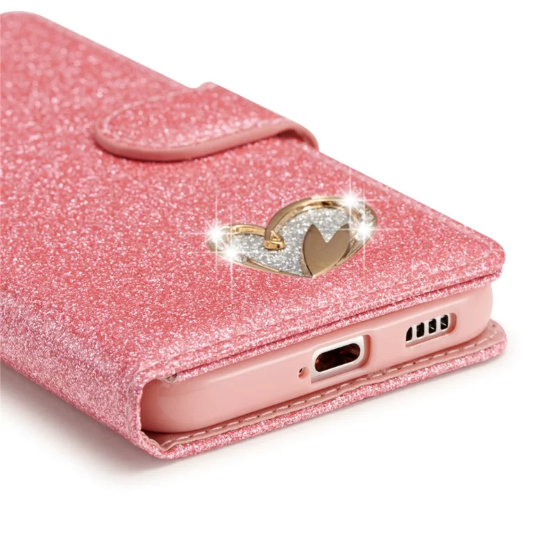 For Samsung Galaxy S23 Glitter Leather Case with Diamond Love Heart Wallet Stand Flip Cover - Pink