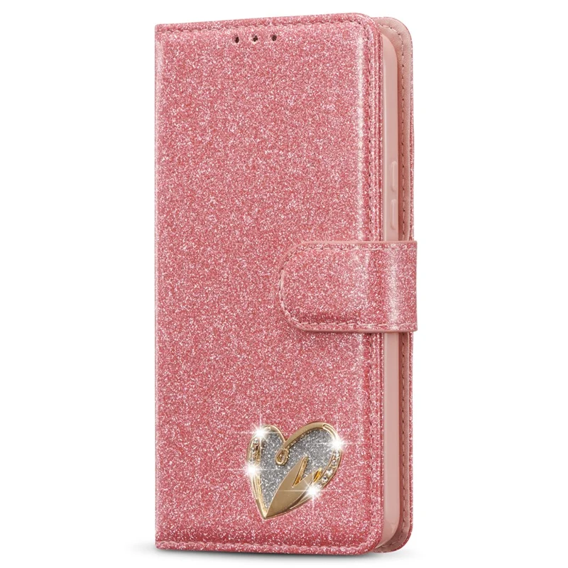 For Samsung Galaxy S23 Glitter Leather Case with Diamond Love Heart Wallet Stand Flip Cover - Pink