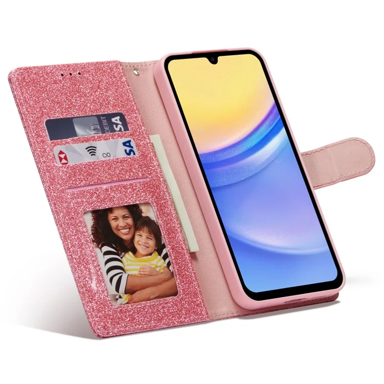 Für Samsung Galaxy A25 5G (Global) (161,0 x 76,5 x 8,3 mm) Glitter Ledercase mit Diamant-Liebe-Herz-Geldbörse Ständer Flip Cover - Pink