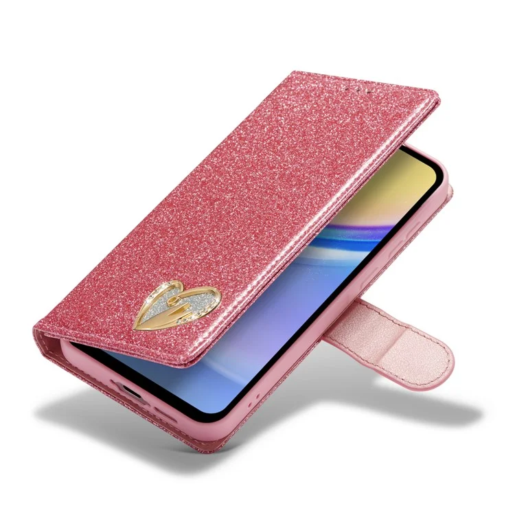 Für Samsung Galaxy A25 5G (Global) (161,0 x 76,5 x 8,3 mm) Glitter Ledercase mit Diamant-Liebe-Herz-Geldbörse Ständer Flip Cover - Pink