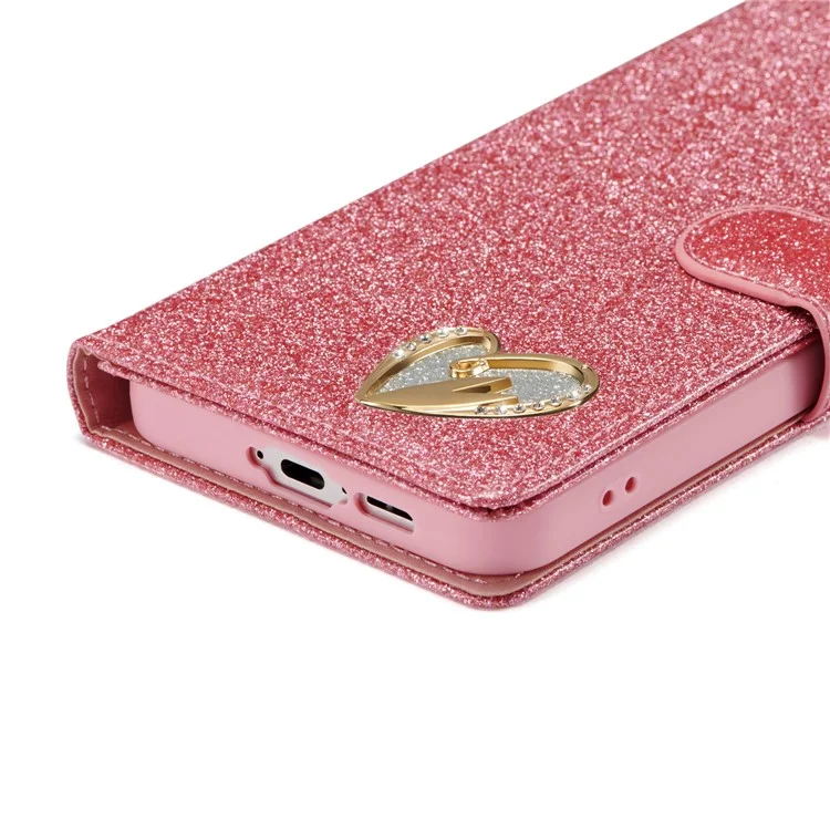 Für Samsung Galaxy A25 5G (Global) (161,0 x 76,5 x 8,3 mm) Glitter Ledercase mit Diamant-Liebe-Herz-Geldbörse Ständer Flip Cover - Pink