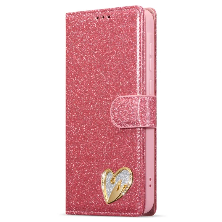 Für Samsung Galaxy A25 5G (Global) (161,0 x 76,5 x 8,3 mm) Glitter Ledercase mit Diamant-Liebe-Herz-Geldbörse Ständer Flip Cover - Pink