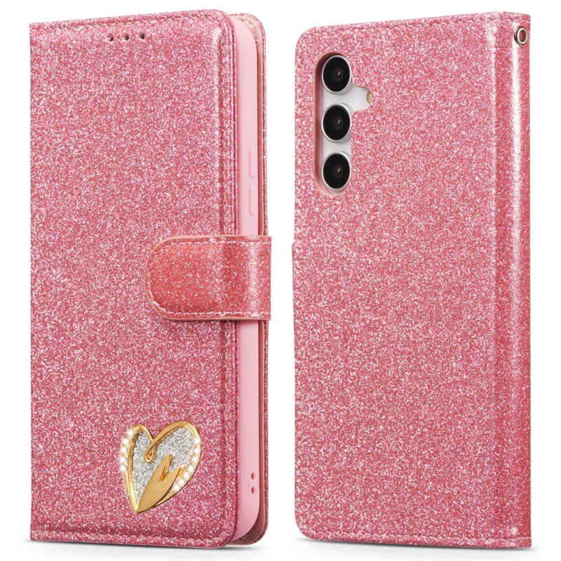 For Samsung Galaxy A34 5G Glitter Leather Case with Diamond Love Heart Wallet Stand Flip Cover - Pink