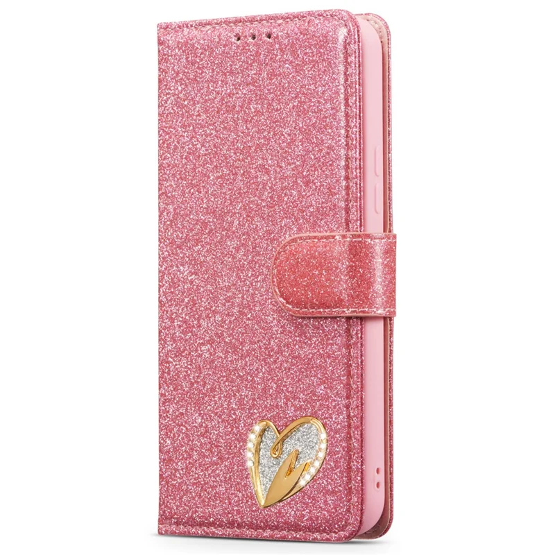 For Samsung Galaxy A34 5G Glitter Leather Case with Diamond Love Heart Wallet Stand Flip Cover - Pink