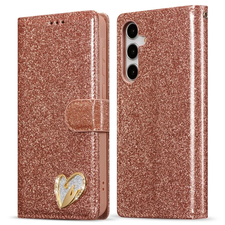 For Samsung Galaxy A55 5G Glitter Leather Case with Diamond Love Heart Wallet Stand Flip Cover - Rose Gold
