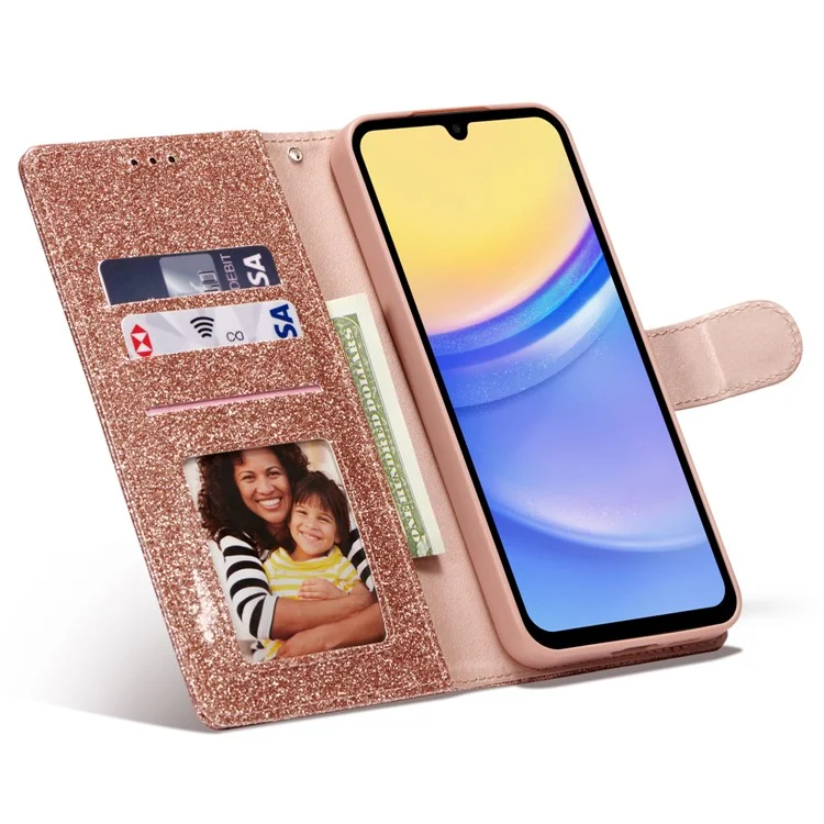 For Samsung Galaxy A55 5G Glitter Leather Case with Diamond Love Heart Wallet Stand Flip Cover - Rose Gold