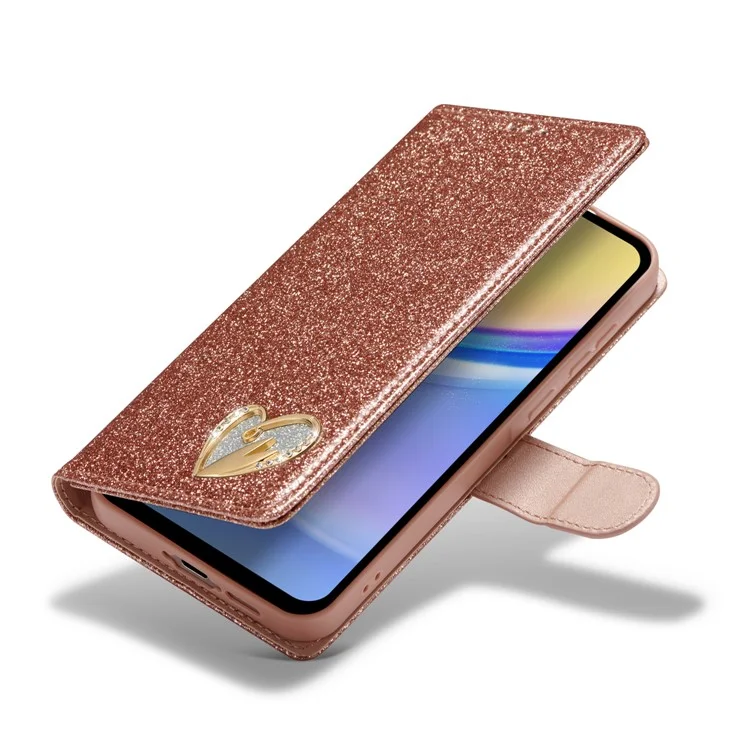 For Samsung Galaxy A55 5G Glitter Leather Case with Diamond Love Heart Wallet Stand Flip Cover - Rose Gold