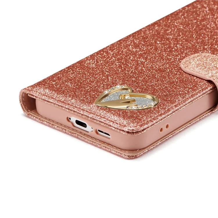 For Samsung Galaxy A55 5G Glitter Leather Case with Diamond Love Heart Wallet Stand Flip Cover - Rose Gold