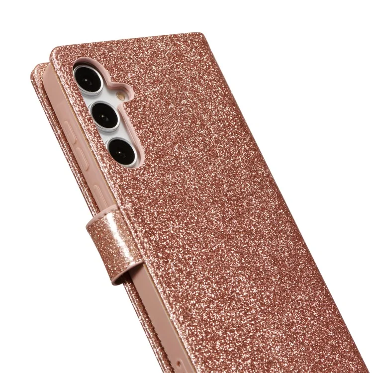 For Samsung Galaxy A55 5G Glitter Leather Case with Diamond Love Heart Wallet Stand Flip Cover - Rose Gold