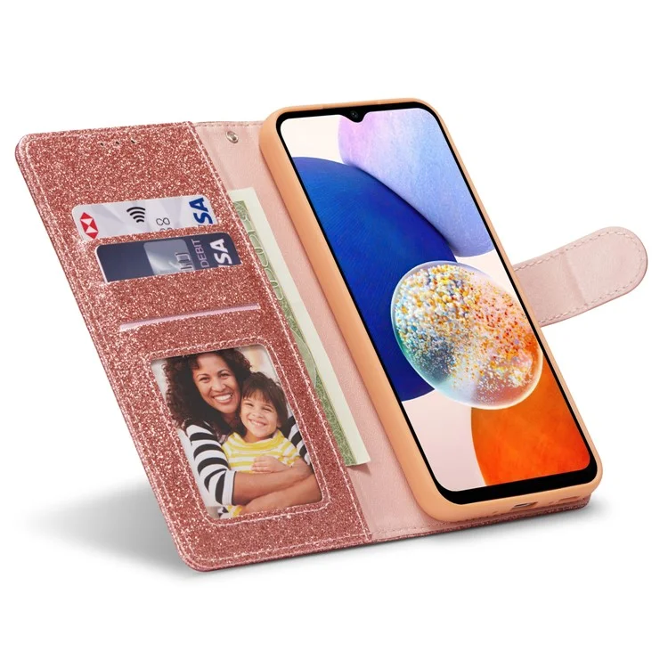 For Samsung Galaxy A54 5G Glitter Leather Case with Diamond Love Heart Wallet Stand Flip Cover - Rose Gold