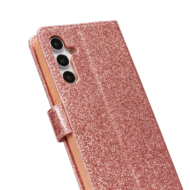 For Samsung Galaxy A54 5G Glitter Leather Case with Diamond Love Heart Wallet Stand Flip Cover - Rose Gold