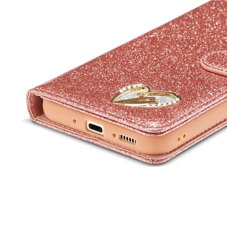 For Samsung Galaxy A54 5G Glitter Leather Case with Diamond Love Heart Wallet Stand Flip Cover - Rose Gold