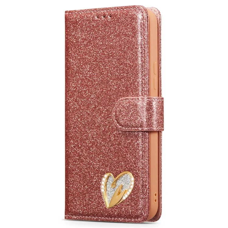 For Samsung Galaxy A54 5G Glitter Leather Case with Diamond Love Heart Wallet Stand Flip Cover - Rose Gold