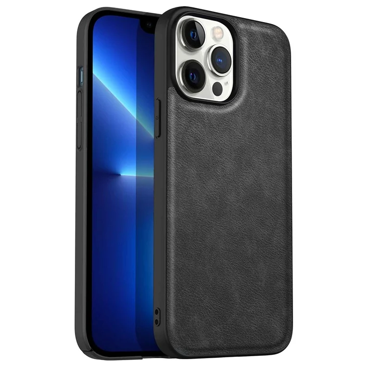 Anti-scratch Phone Case for iPhone 13 Pro Max 6.7 inch, Anti-fingerprint Retro PU Leather Coated TPU+PC Phone Cover - Black