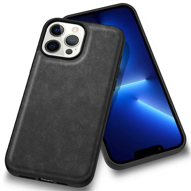 Anti-scratch Phone Case for iPhone 13 Pro Max 6.7 inch, Anti-fingerprint Retro PU Leather Coated TPU+PC Phone Cover - Black
