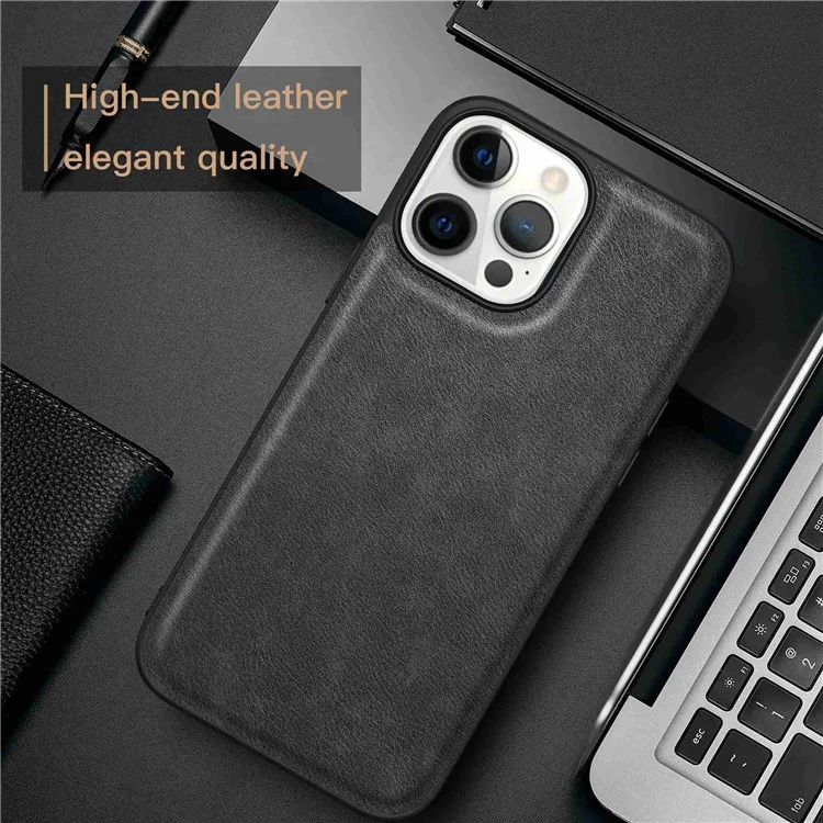 Anti-scratch Phone Case for iPhone 13 Pro Max 6.7 inch, Anti-fingerprint Retro PU Leather Coated TPU+PC Phone Cover - Black