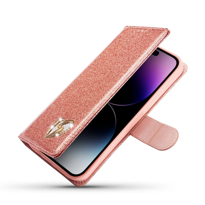 For iPhone 13 Pro Glitter Leather Case with Diamond Love Heart Wallet Stand Flip Cover - Rose Gold