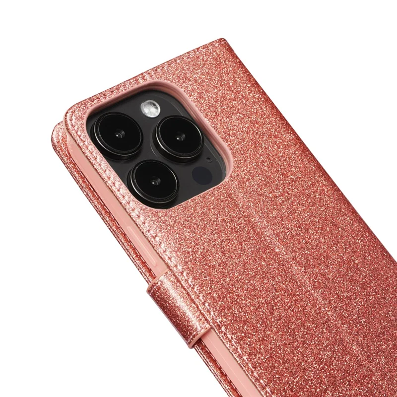 For iPhone 13 Pro Glitter Leather Case with Diamond Love Heart Wallet Stand Flip Cover - Rose Gold