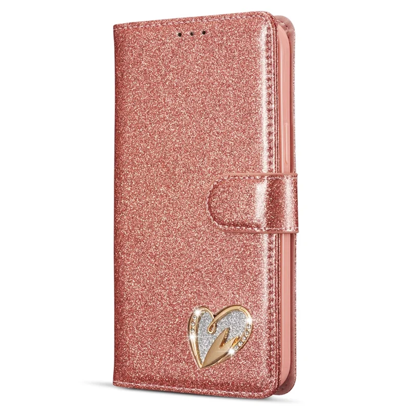 For iPhone 13 Pro Glitter Leather Case with Diamond Love Heart Wallet Stand Flip Cover - Rose Gold