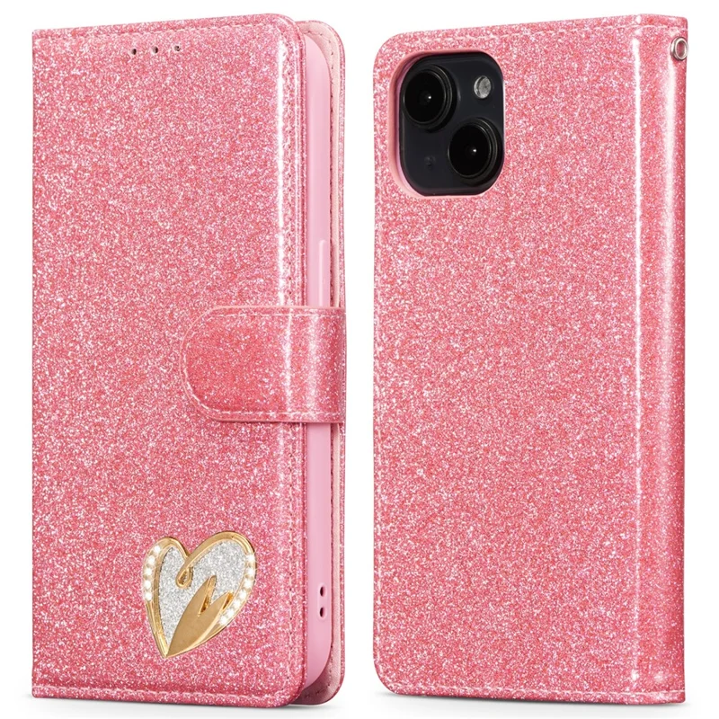 For iPhone 13 Glitter Leather Case with Diamond Love Heart Wallet Stand Flip Cover - Pink