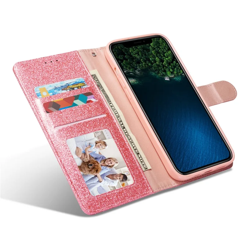 For iPhone 13 Glitter Leather Case with Diamond Love Heart Wallet Stand Flip Cover - Pink