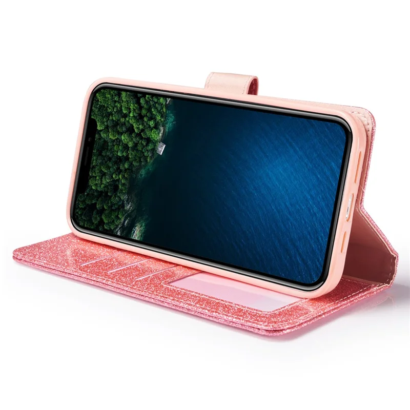 For iPhone 13 Glitter Leather Case with Diamond Love Heart Wallet Stand Flip Cover - Pink