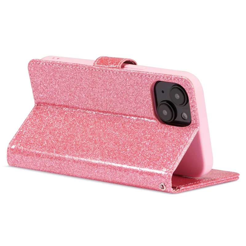 For iPhone 13 Glitter Leather Case with Diamond Love Heart Wallet Stand Flip Cover - Pink