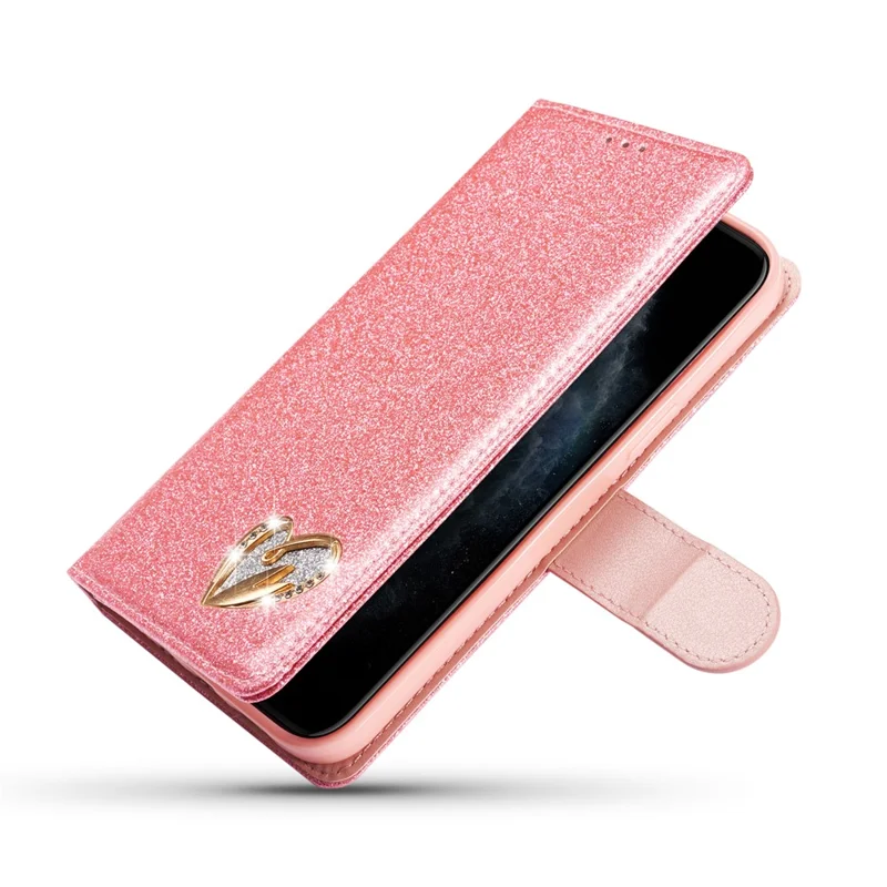 For iPhone 13 Glitter Leather Case with Diamond Love Heart Wallet Stand Flip Cover - Pink