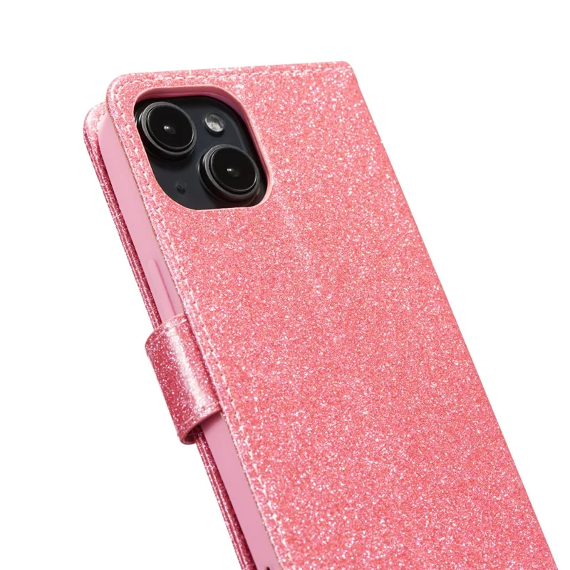For iPhone 13 Glitter Leather Case with Diamond Love Heart Wallet Stand Flip Cover - Pink
