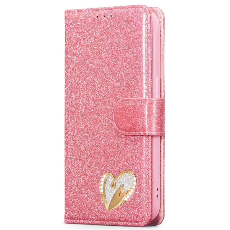 For iPhone 13 Glitter Leather Case with Diamond Love Heart Wallet Stand Flip Cover - Pink