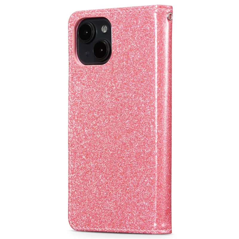 For iPhone 13 Glitter Leather Case with Diamond Love Heart Wallet Stand Flip Cover - Pink