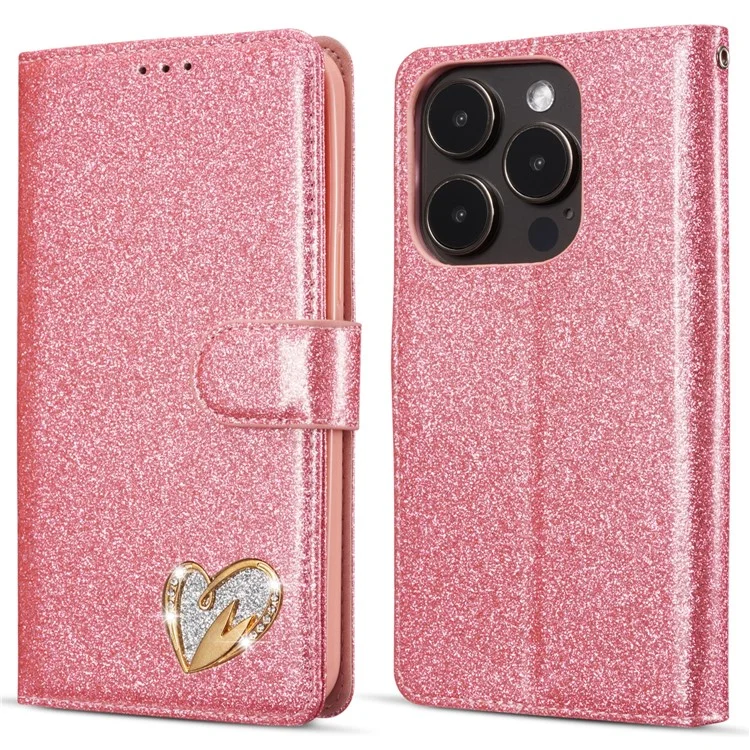 Funda de cuero con brillo para iPhone 13 Pro Max con cartera, soporte y tapa con corazón de diamante - Rosa