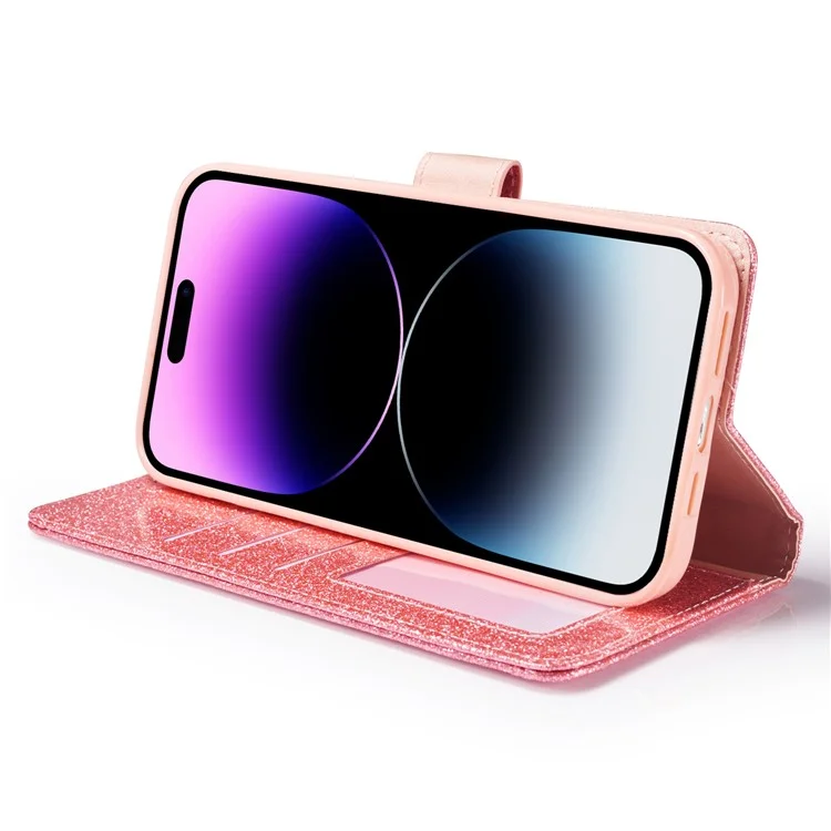 Funda de cuero con brillo para iPhone 13 Pro Max con cartera, soporte y tapa con corazón de diamante - Rosa