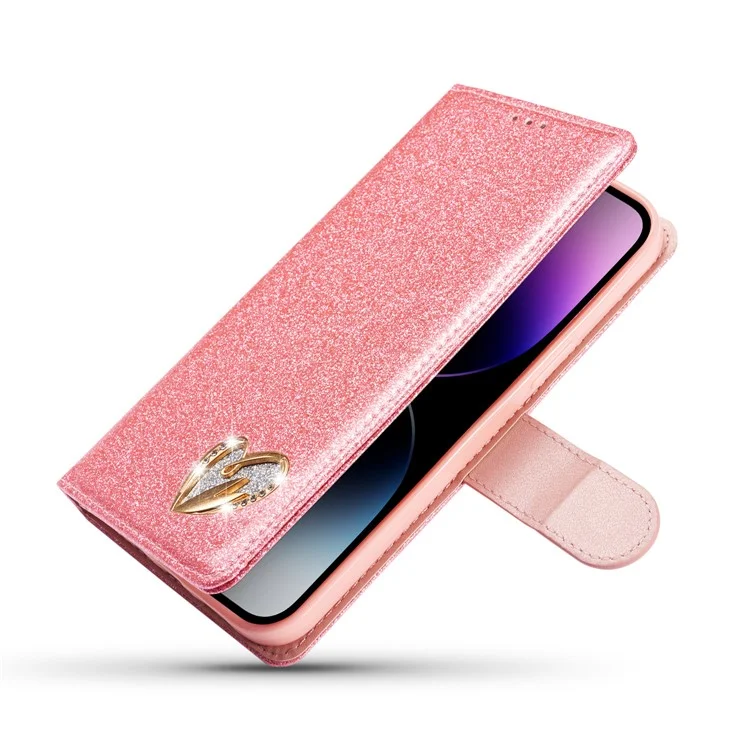 Funda de cuero con brillo para iPhone 13 Pro Max con cartera, soporte y tapa con corazón de diamante - Rosa