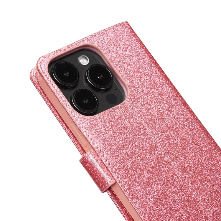 Funda de cuero con brillo para iPhone 13 Pro Max con cartera, soporte y tapa con corazón de diamante - Rosa