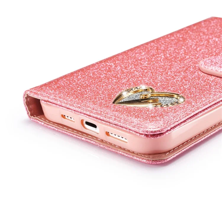 Funda de cuero con brillo para iPhone 13 Pro Max con cartera, soporte y tapa con corazón de diamante - Rosa